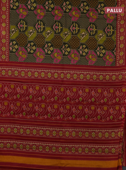 Muslin cotton saree olive green and maroon with allover patola prints and printed border