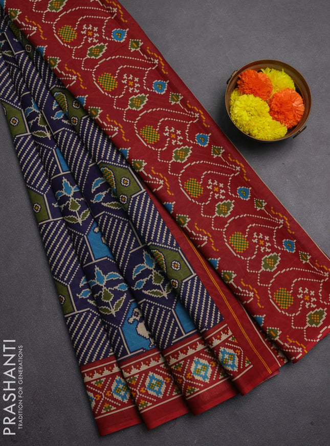 Muslin cotton saree blue and maroon with allover patola prints and printed border