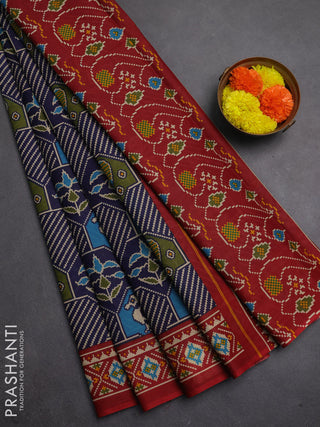Muslin cotton saree blue and maroon with allover patola prints and printed border