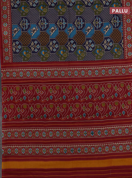 Muslin cotton saree blue and maroon with allover patola prints and printed border