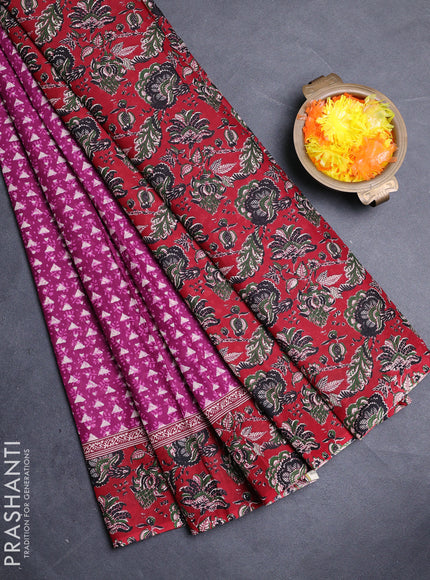 Muslin cotton saree purple and maroon with allover kalamkari prints and printed border