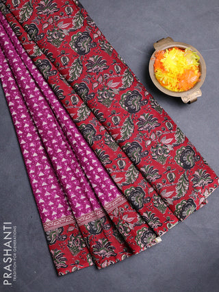 Muslin cotton saree purple and maroon with allover kalamkari prints and printed border