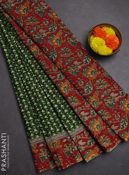 Muslin cotton saree green and maroon with allover kalamkari prints and printed border