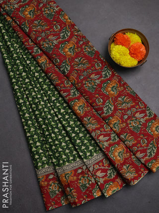 Muslin cotton saree green and maroon with allover kalamkari prints and printed border