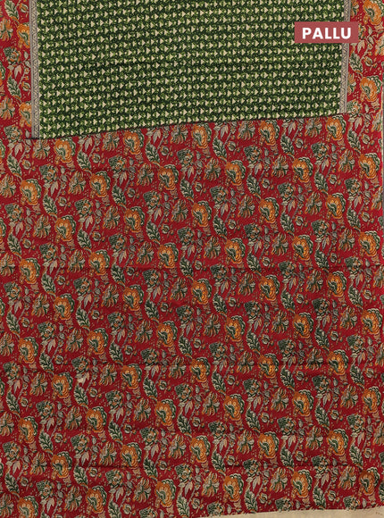 Muslin cotton saree green and maroon with allover kalamkari prints and printed border