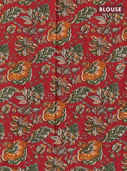 Muslin cotton saree green and maroon with allover kalamkari prints and printed border