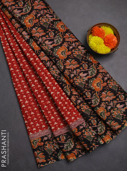Muslin cotton saree maroon and black with allover kalamkari prints and printed border