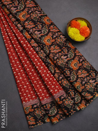 Muslin cotton saree maroon and black with allover kalamkari prints and printed border