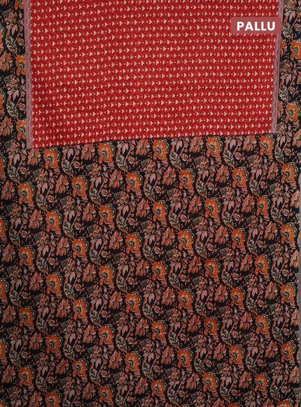Muslin cotton saree maroon and black with allover kalamkari prints and printed border