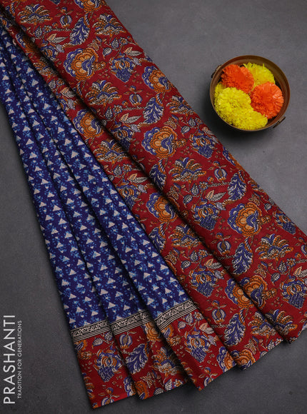 Muslin cotton saree blue and maroon with allover dabu prints and printed border