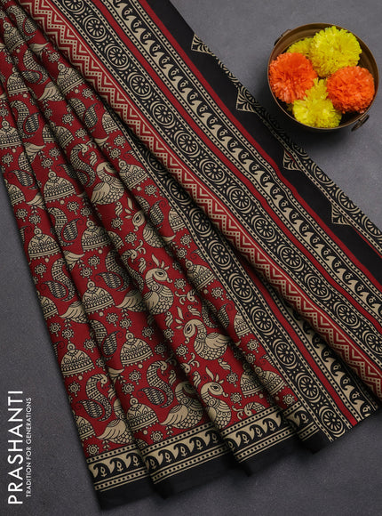 Muslin cotton saree maroon and red with allover kalamkari prints and printed border