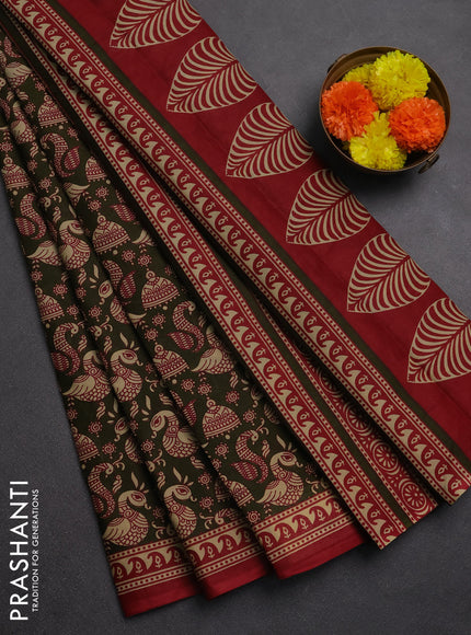 Muslin cotton saree olive green and maroon with allover kalamkari prints and printed border