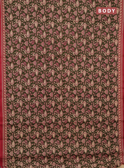 Muslin cotton saree olive green and maroon with allover kalamkari prints and printed border