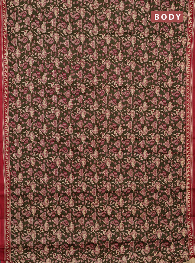 Muslin cotton saree olive green and maroon with allover kalamkari prints and printed border
