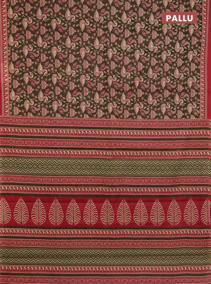 Muslin cotton saree olive green and maroon with allover kalamkari prints and printed border