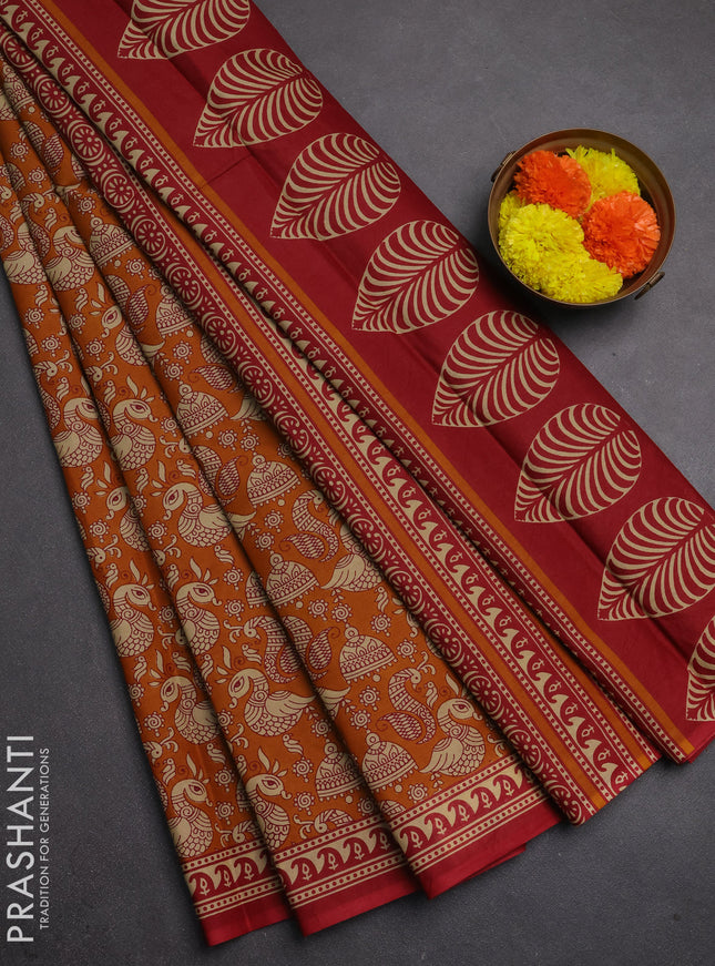 Muslin cotton saree dark mustard and maroon with allover kalamkari prints and printed border