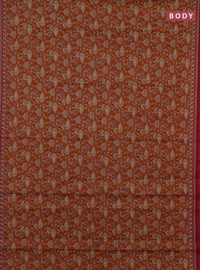Muslin cotton saree dark mustard and maroon with allover kalamkari prints and printed border