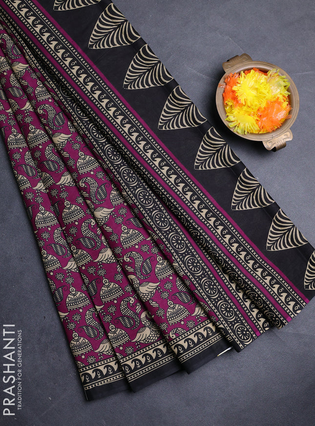 Muslin cotton saree purple and black with allover kalamkari prints and printed border