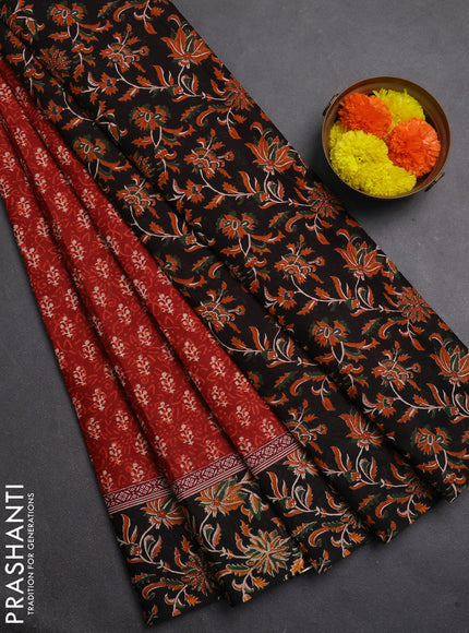 Muslin cotton saree maroon and black with allover dabu prints and printed border