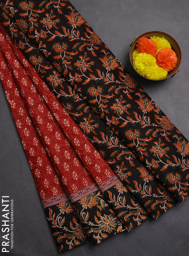 Muslin cotton saree maroon and black with allover dabu prints and printed border
