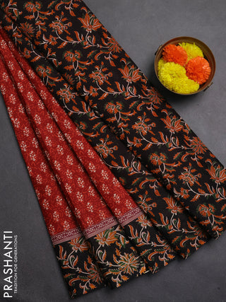 Muslin cotton saree maroon and black with allover dabu prints and printed border