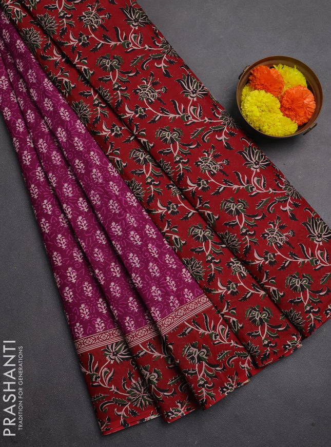 Muslin cotton saree purple and maroon with allover dabu prints and printed border