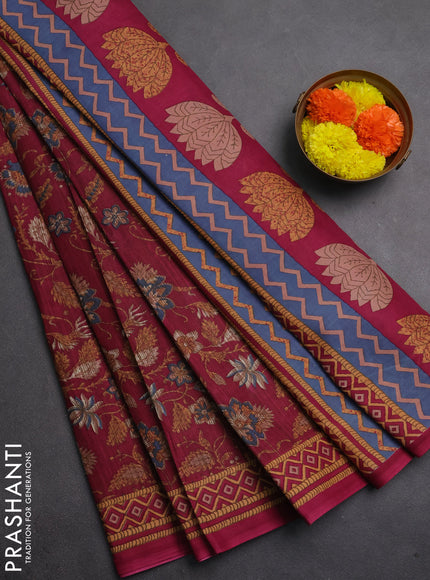 Muslin cotton saree wine shade with allover kalamkari prints and printed border