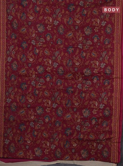 Muslin cotton saree wine shade with allover kalamkari prints and printed border