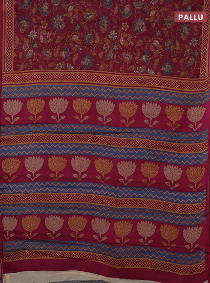 Muslin cotton saree wine shade with allover kalamkari prints and printed border