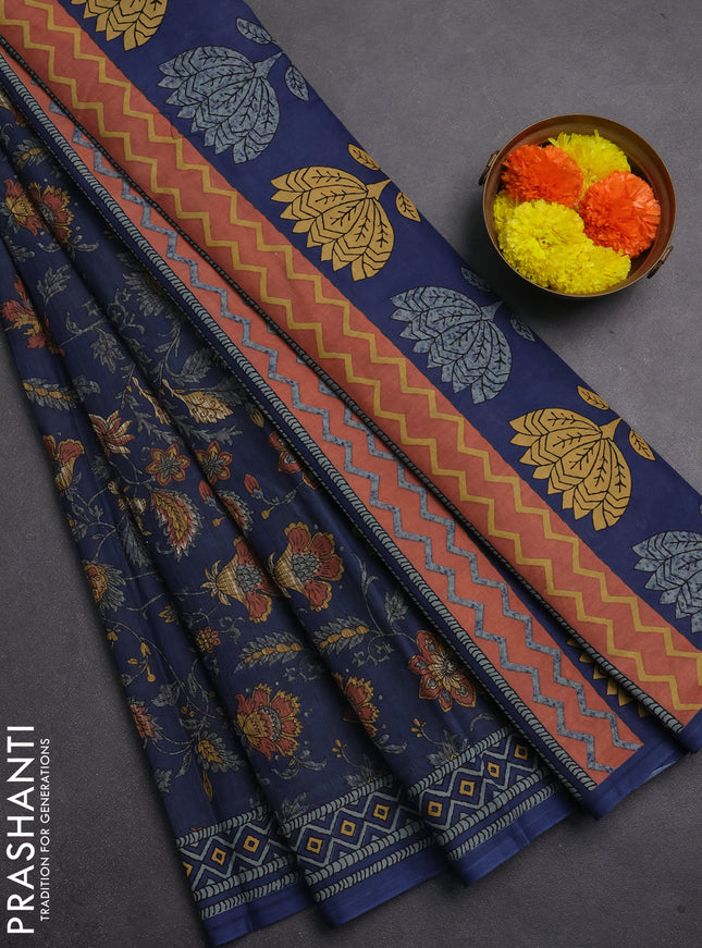 Muslin cotton saree blue with allover kalamkari prints and printed border