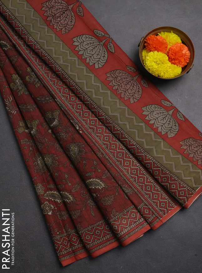 Muslin cotton saree maroon with allover kalamkari prints and printed border