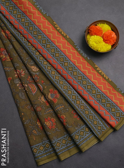 Muslin cotton saree mehendi green with allover kalamkari prints and printed border