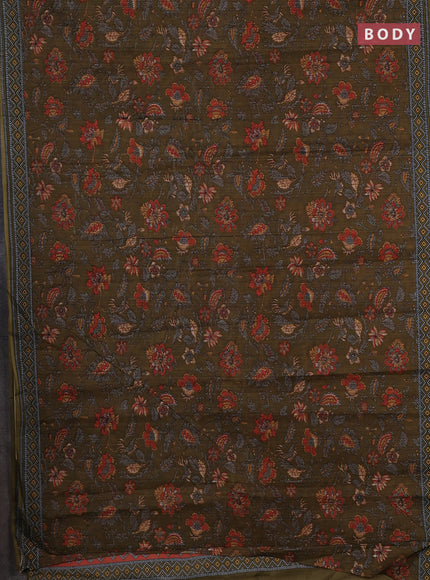 Muslin cotton saree mehendi green with allover kalamkari prints and printed border