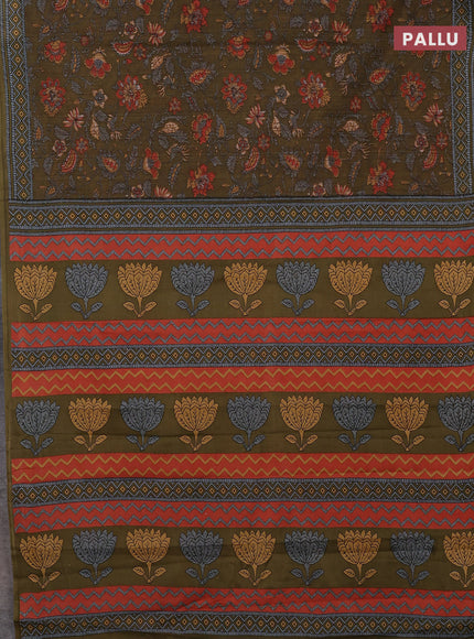 Muslin cotton saree mehendi green with allover kalamkari prints and printed border