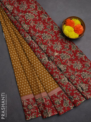 Muslin cotton saree dark mustard and maroon with allover butta prints and printed border