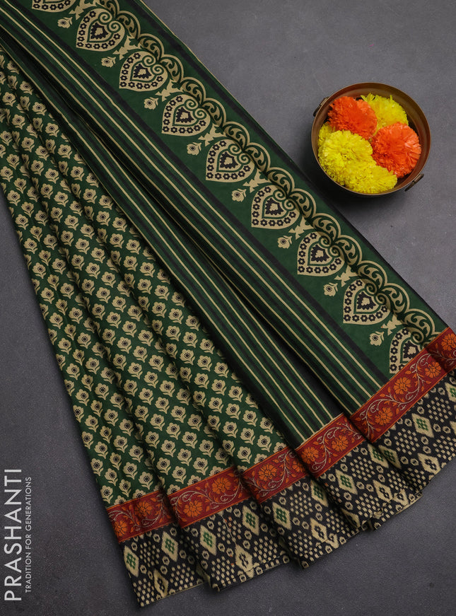 Muslin cotton saree green and black with allover butta prints and printed border