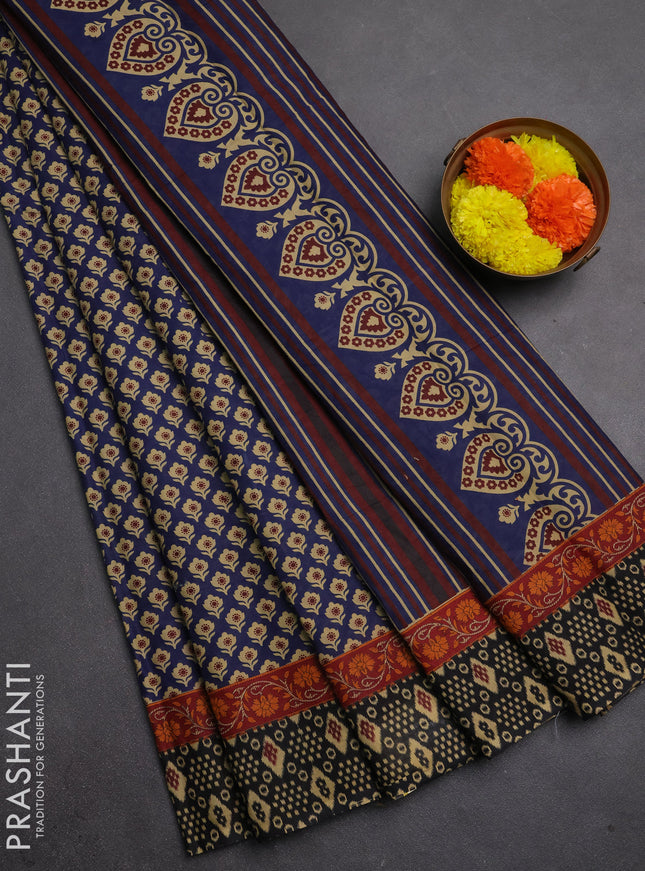 Muslin cotton saree blue and black with allover butta prints and printed border