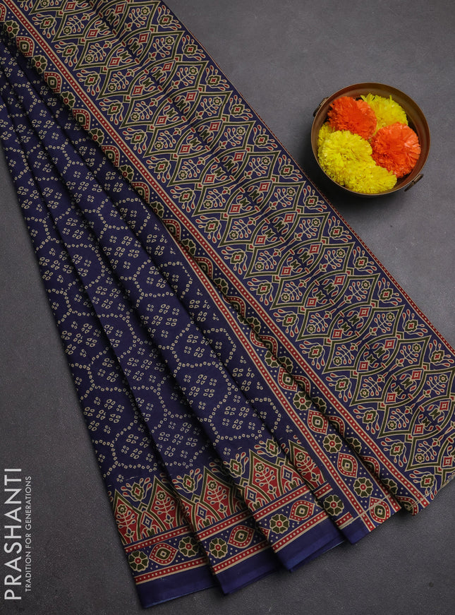 Muslin cotton saree navy blue with allover bandhani prints and printed border