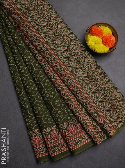 Muslin cotton saree olive green with allover bandhani prints and printed border