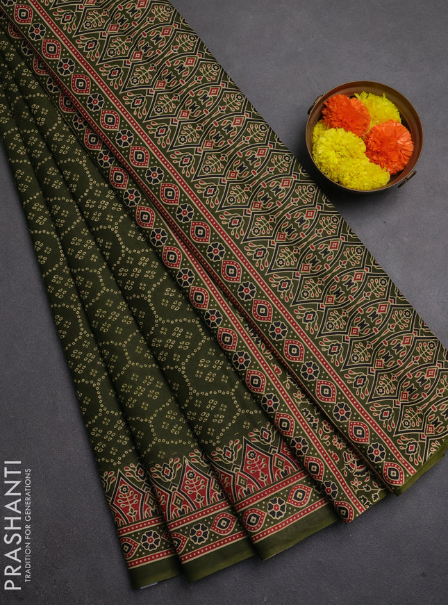 Muslin cotton saree olive green with allover bandhani prints and printed border