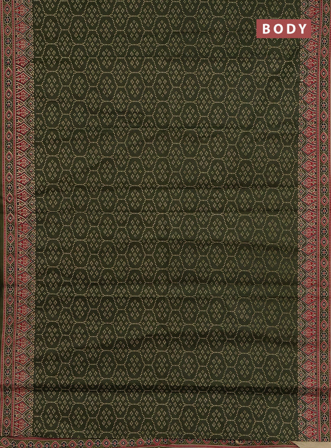 Muslin cotton saree olive green with allover bandhani prints and printed border