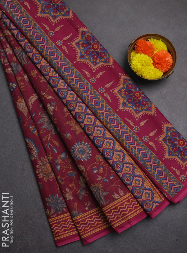 Muslin cotton saree purple with allover kalamkari prints and printed border