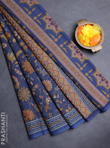 Muslin cotton saree dark grey with allover kalamkari prints and printed border