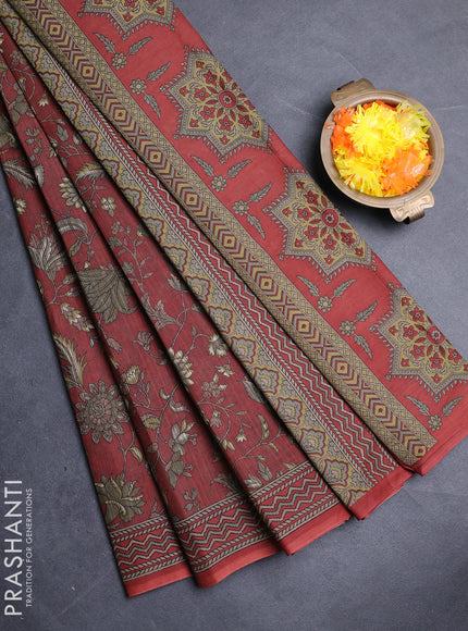 Muslin cotton saree rust shade with allover kalamkari prints and printed border