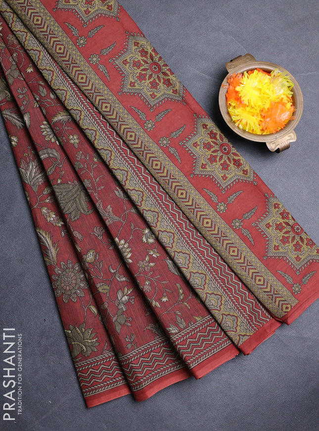 Muslin cotton saree rust shade with allover kalamkari prints and printed border