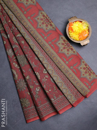 Muslin cotton saree rust shade with allover kalamkari prints and printed border
