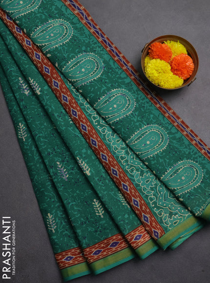 Muslin cotton saree green with allover dabu prints and printed border