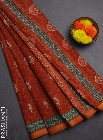 Muslin cotton saree rust shade with allover dabu prints and printed border