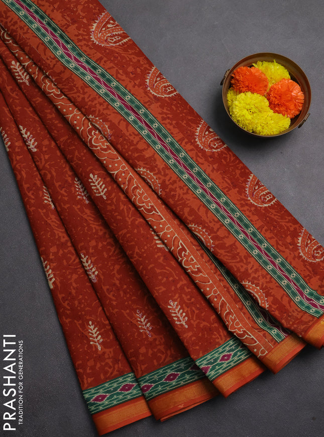 Muslin cotton saree rust shade with allover dabu prints and printed border