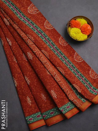 Muslin cotton saree rust shade with allover dabu prints and printed border